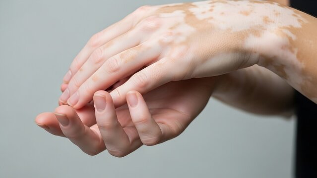 depiction of vitiligo on hands, contrasting depigmented white patches against natural skin tone, detailed skin texture and fine lines, clean medical background, inclusive healthcare concept