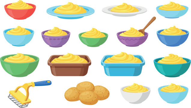 Mashed potato bowls and servings with butter and gravy vector set, creamy mashed potatoes with utensils and potatoes isolated food illustration collection