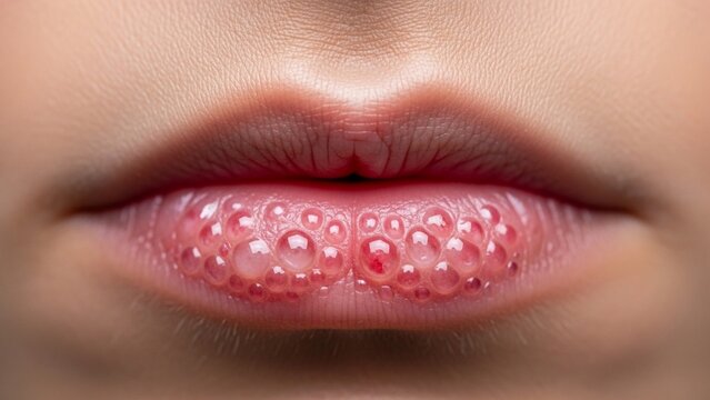 Medical close-up of herpes simplex outbreak on lip, small clustered fluid-filled blisters with slight redness, educational health awareness theme