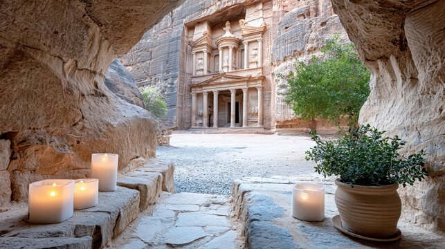 dramatic view of The Treasury Al Khazneh in Petra Jordan, carved into red sandstone rock face, viewed through the narrow Siq canyon framing