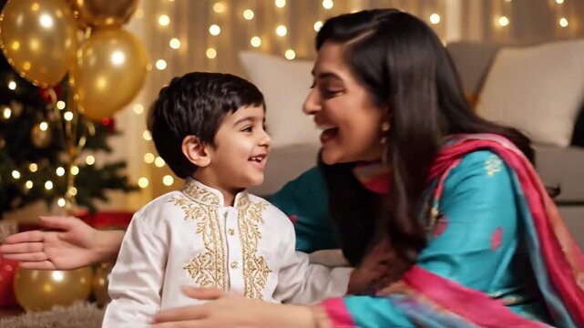 Festive Family Celebration. Joyful Household With Bright Decorations. Mother And Son Share Cheerful Festive Occasion. Traditional Attire And Sparkling Decorations Create Lively Family Gathering