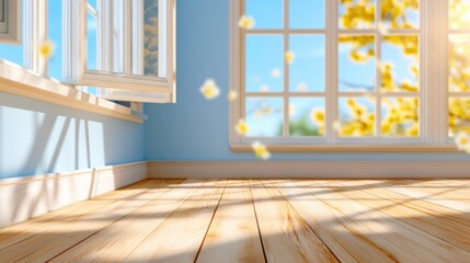 Fototapeta premium Empty room atmosphere, bright spring sunlight streaming through a window, visible dust particles dancing in the light beams, cozy warmth, blurred background