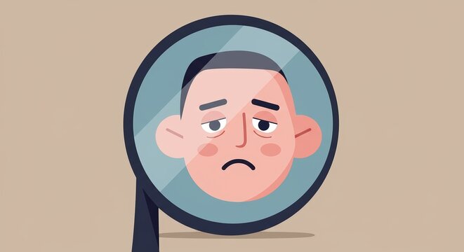 Tired sad non-confident insecure face of person in mirror reflection. Self-esteem, self-respect, self-love concept. Mental health and stress management illustration