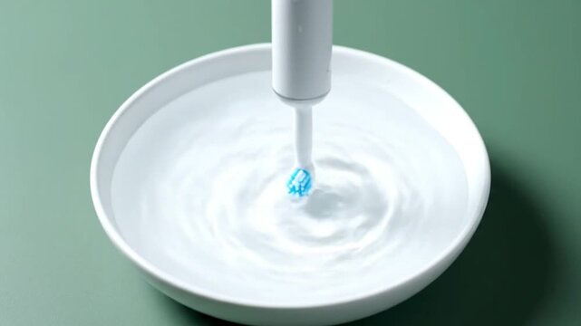 Electric Toothbrush Cleaning in White Bowl with Water Ripples on Green Background.