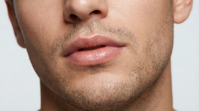 Close-up portrait of a man&rsquo;s lips slightly parted with natural sheen, facial anatomy photo.