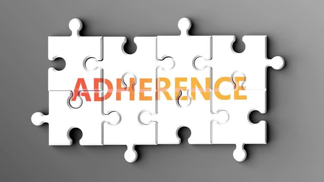 Adherence being a complex topic - puzzle pieces with word adherence coming together to make a whole. Adherence made of many fitting parts, a compound subject.