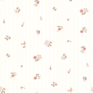 Seamless floral pattern, ditsy flower pattern, fabric print in vintage style on yellow stripe background, timeless floral, small ditsy flower. Surface design for home textile, wallpaper pattern