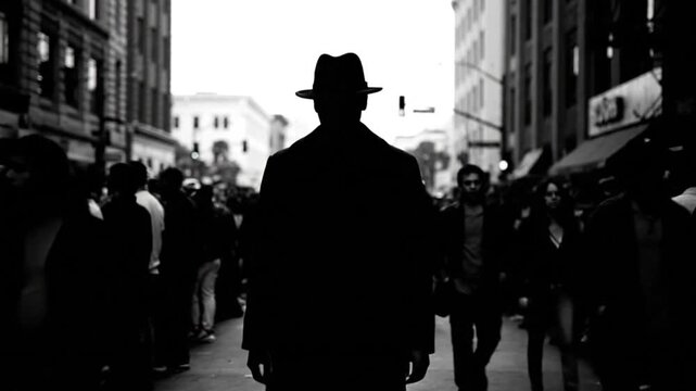 Mysterious Figure in Hat and Trench Coat Walks Through Crowded City Street in Black and White.
