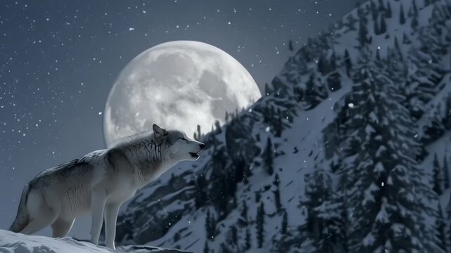 Majestic Wolf Howling at Full Moon in Snowy Mountain Wilderness