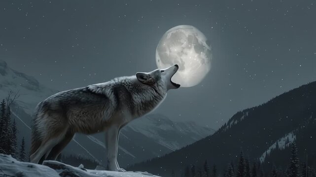 Wolf Howling at Full Moon in Snowy Mountain Landscape