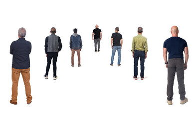 Obraz premium rear view of a group of people queuing, from close to far, on a white background