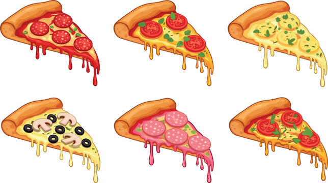 Pizza slice collection with different toppings including pepperoni, mushroom, cheese, tomato, and salami dripping melted cheese vector food illustration set