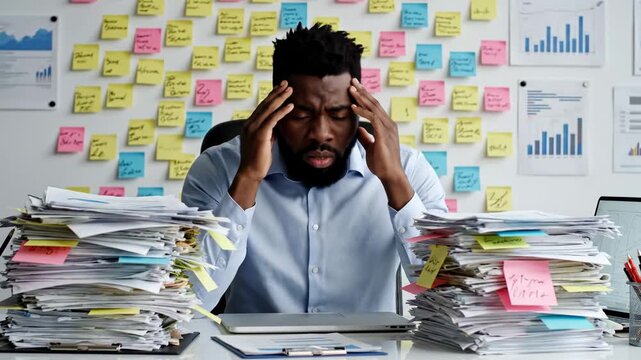 Overworked african american businessman feeling stressed and frustrated by piles of paperwork, trying to manage time and meet deadlines in a busy office with a wall full of sticky notes