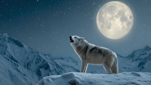 White Wolf Howling at a Full Moon in Snowy Mountains
