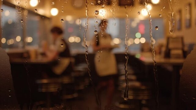 Rainy Night View Through Window of Cozy Bar with Blurred Patrons and Warm Lighting.