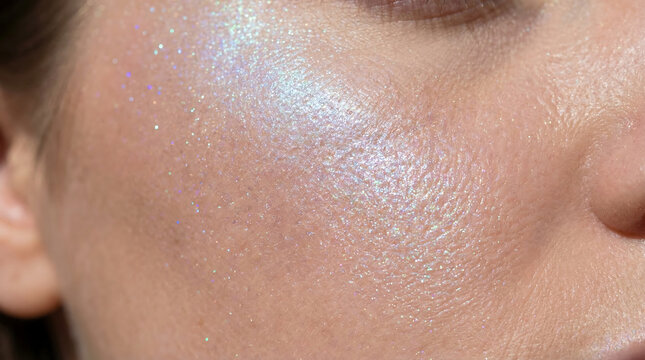 Artistic close-up of cheekbone with holographic makeup, metallic purple and gold eye shadow.