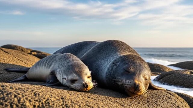 A large seal and a smaller seal pup rest on rocky shoreline with ocean waves in the background