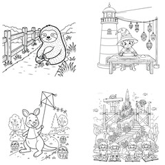 Fototapeta premium Charming sloth, kangaroo with kite, and detailed cityscape coloring pages for kids