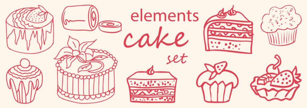 vector set of different cake types . line art . cake elements set . sketches cake art . vector illustration