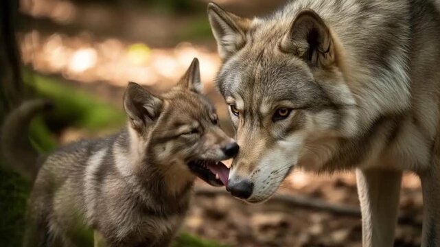 A wolf pup and adult wolf interact closely in a forest setting with warm lighting.
