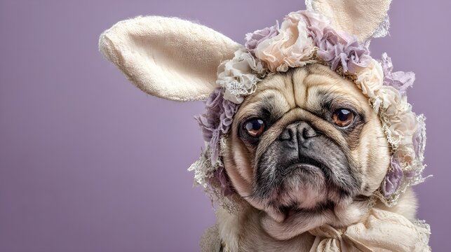 funny pug dog wearing bunny ears headband