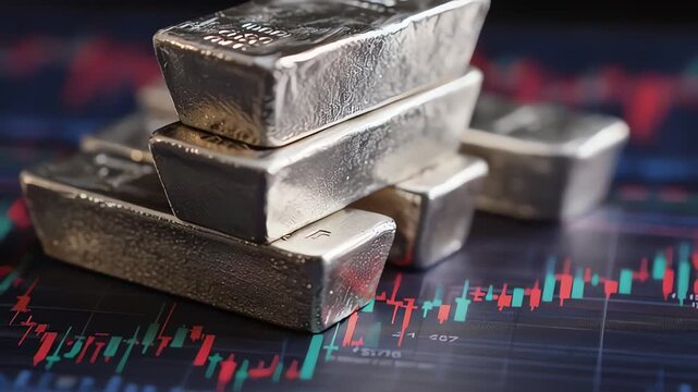 Silver Bullion Bars Stacked on Financial Stock Market Trading Chart