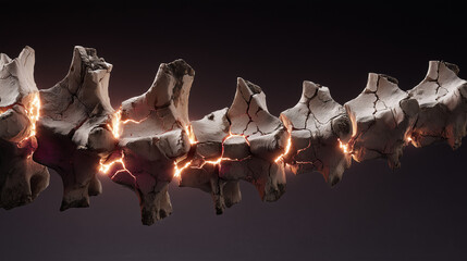 Fototapeta premium A sculptural representation of a human spine made of cracked stone with five points of intense pressure glowing warmly.