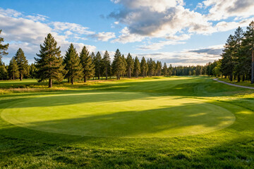 Naklejka premium Beautiful Green Golf Course Under Clear Blue Sky