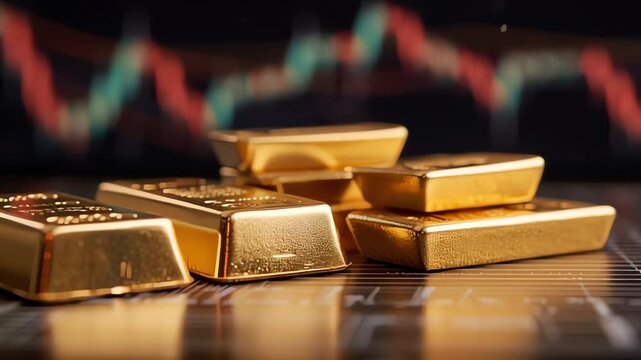 Gold Bullion Bars Falling onto Stack with Financial Chart Background