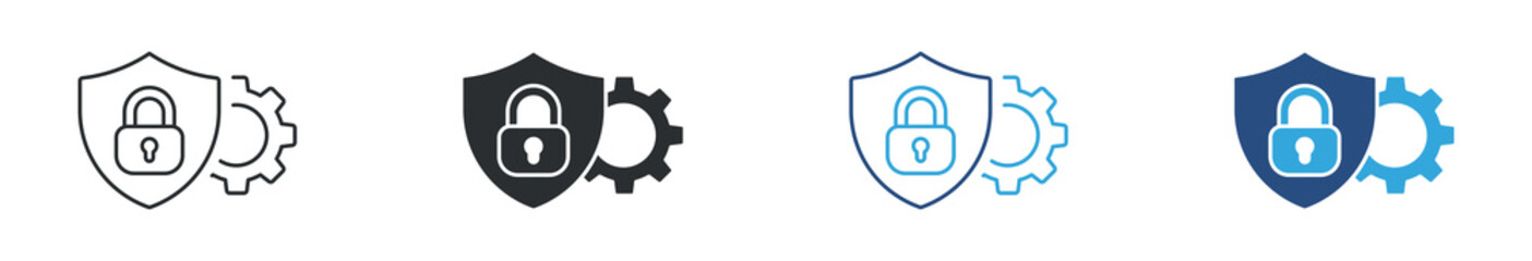 Security system icon set. Shield with padlock and gear, cybersecurity, protection settings and system safety concept. Vector illustration.