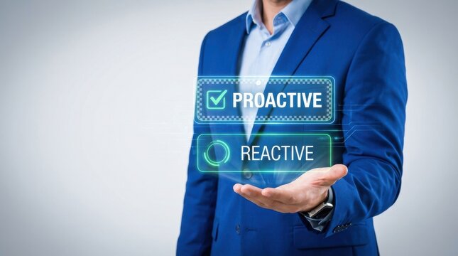 Man in blue suit showing proactive decision over reactive choice on futuristic interface