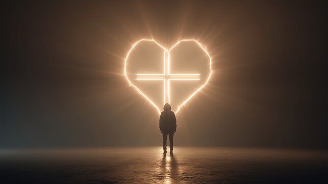 Faceless figure stands before glowing cross with heart-shaped halo in warm light