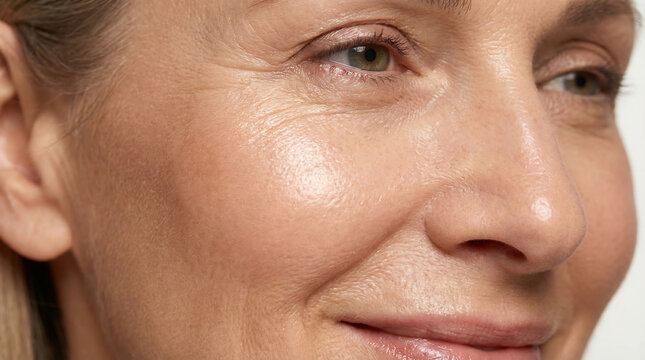 Smooth cheek with fine lines near eye corner, close-up aging skin photo.