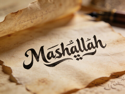 Elegant Mashallah Arabic Calligraphy on Vintage Parchment Paper Background