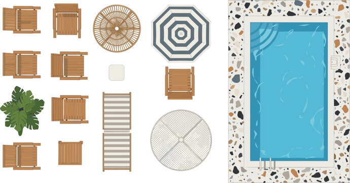 Top view vector illustration set of swimming pool outdoor furniture patio lounge chairs sun umbrellas and terrazzo tile flooring for architectural landscape garden design