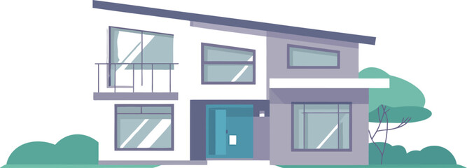 Fototapeta premium Modern two-story residential house facade with sharp angles and large.