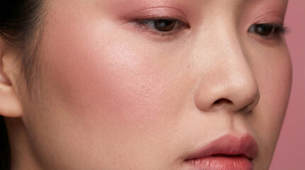 Fototapeta premium Woman with soft pink eyeshadow, blush, and lipstick in a close-up beauty portrait.
