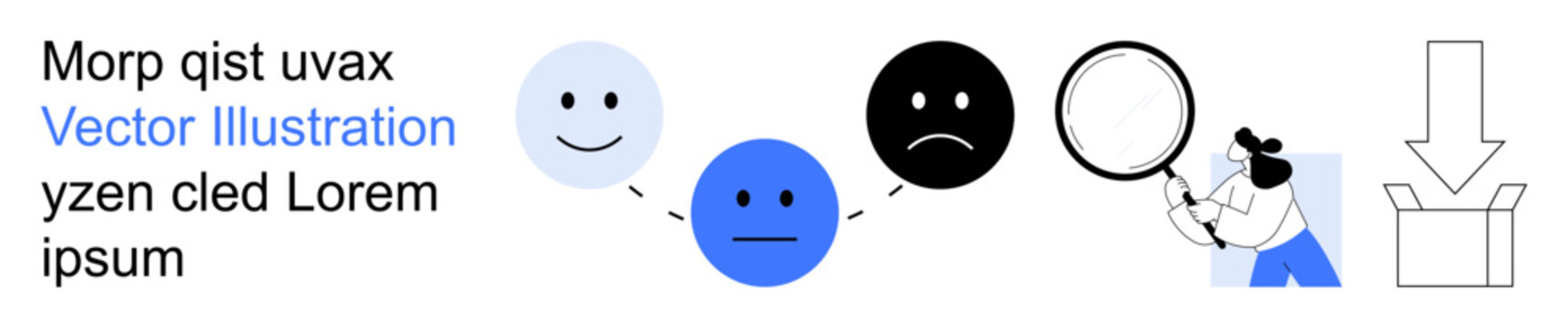 Emotional states, feedback analysis, decision-making, problem-solving, user experience, and research. happy faces progressing to sad, magnifying glass and downward arrow. Emotional states