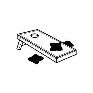 A black and white illustration of a cornhole game with bean bags