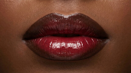 Fototapeta premium Full lips with glossy dark red lipstick, close-up fashion portrait emphasizing shine and texture.