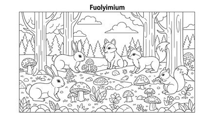 Fototapeta premium Forest coloring page with bunnies, foxes, and squirrels foraging for mushrooms