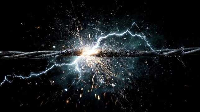 Electrifying moment: A dramatic depiction of an electrical spark illuminating a cable against a black backdrop.
