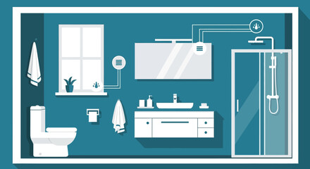 Fototapeta premium Smart Bathroom Interior Illustration with IoT Home Automation and Monitoring Sensors