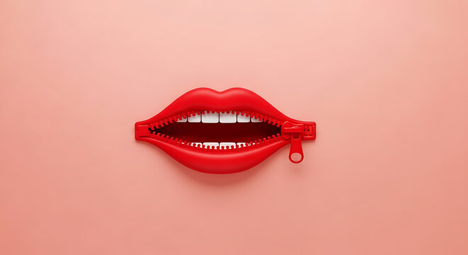 Mouth made of red zipper on pink background - Concept of violence against women and communication issues