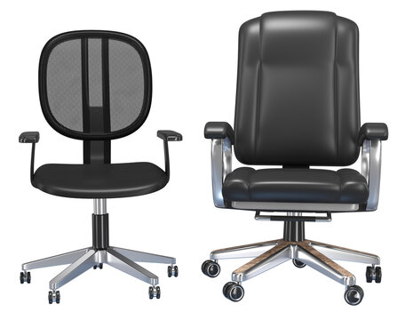 Black office chairs of different types with mesh back and leather. 3d illustration transparent background