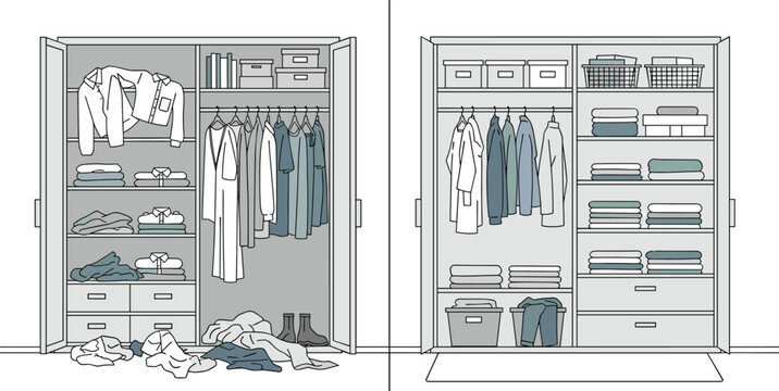 Messy and organized wardrobe comparison vector illustration with clothes closet storage system and declutter concept design