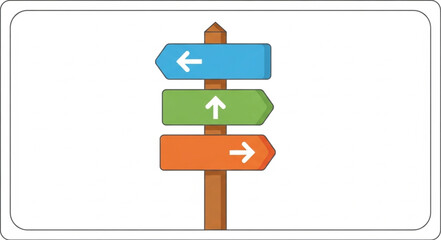 Directional Signpost with Arrows Pointing Left, Up, and Right on a Wooden Post. © Rio