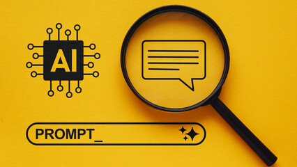 Naklejka premium AI assistant prompt concept with magnifying glass analyzing text input, chatbot communication, prompt engineering, artificial intelligence assistant, language model interaction and digital automation