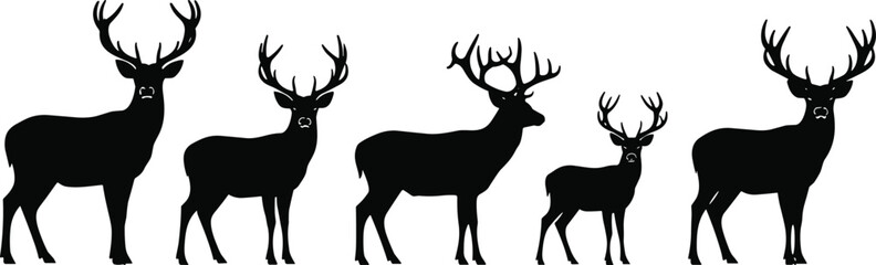 Deer silhouettes with antlers set, buck stag reindeer collection, forest wildlife animal vector icons, black hunting trophy shapes isolated on white. © Fozila