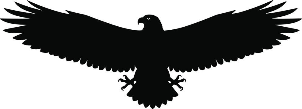 Black eagle silhouette with spread wings isolated on white background, majestic bird of prey flying, heraldic vector symbol of freedom power.